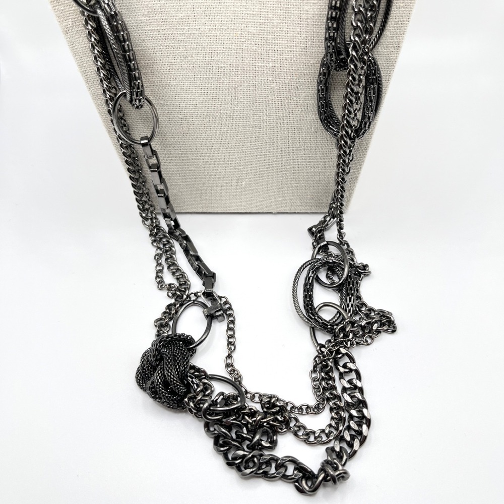 Premier Designs Gunmetal Multilayer Chain Necklace with Intricate Oval Links 36"
